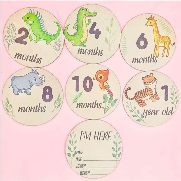 Baby“Milestones” 4” wood discs. Animal patterns. Front/back designs. 7 discs,NIP - Picture 2 of 3